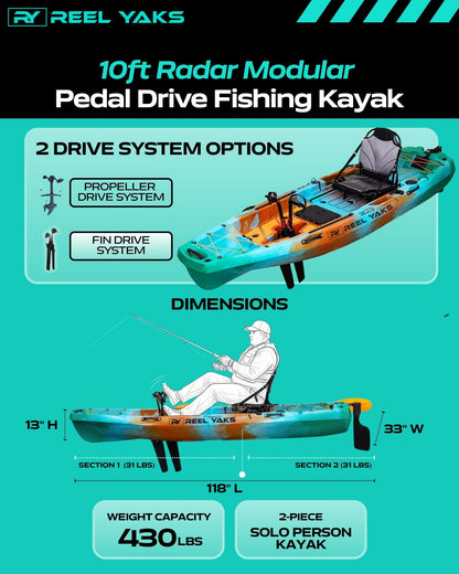 Reel Yaks Radar Modular Fishing Kayak - Fin Drive, 10ft, 400 lbs Capacity, Sunrise - Pedal Fishing Kayaks for Adults & Youth, Sit on Top, Compact Storage, Lightweight, Durable, Easy Transport