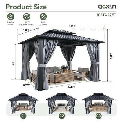 Aoxun 10x12 Gazebo Hardtop Gazebo with Double Galvanized Steel Roof Outdoor Pavilion with Breathable Netting and Privacy Curtain for Backyard (Gray)