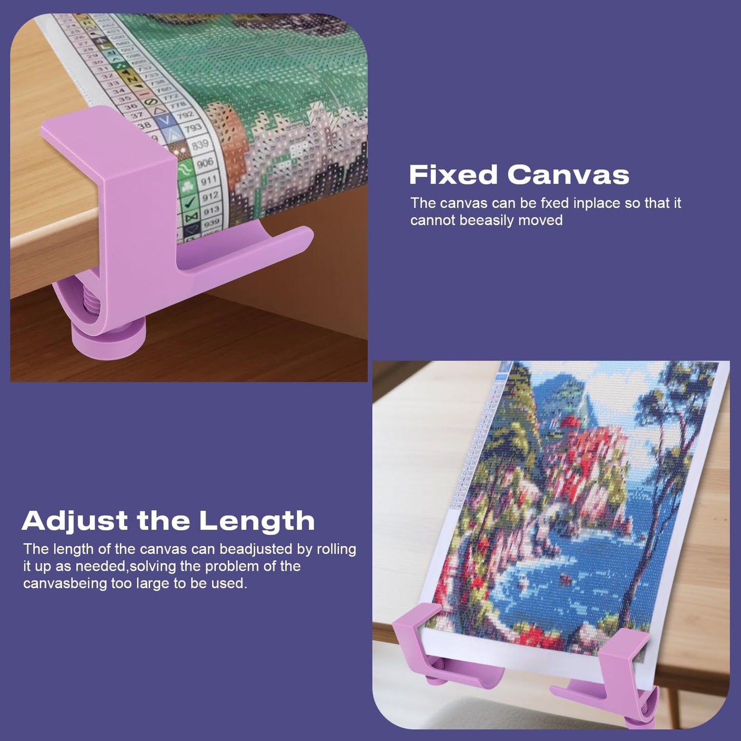 Diamond Painting Canvas Roll Holder, Adjustable Diamond Art Canvas Holder Table Clamp, Smooth Diamond Painting Roller Tool with Anti-Slip Rubber Pads for Workspace Organization, Purple