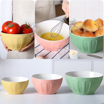 Lareina Ceramic Mixing Bowls Set of 3, Large Nesting Bowls for Serving/Baking/Prepping, Mother's Day & Housewarming/Wedding Gift, Oven/Microwave/Dishwasher Safe 3.2/1.7/1.2 Qt, Pastel Color