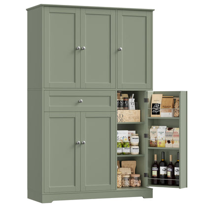 HOSTACK 68" Tall Kitchen Pantry Storage Cabinet, Modern Kitchen Hutch Cabinet with Doors and Shelves, Freestanding Food Pantry with Large Storage Drawer for Dining Room, Living Room, Green