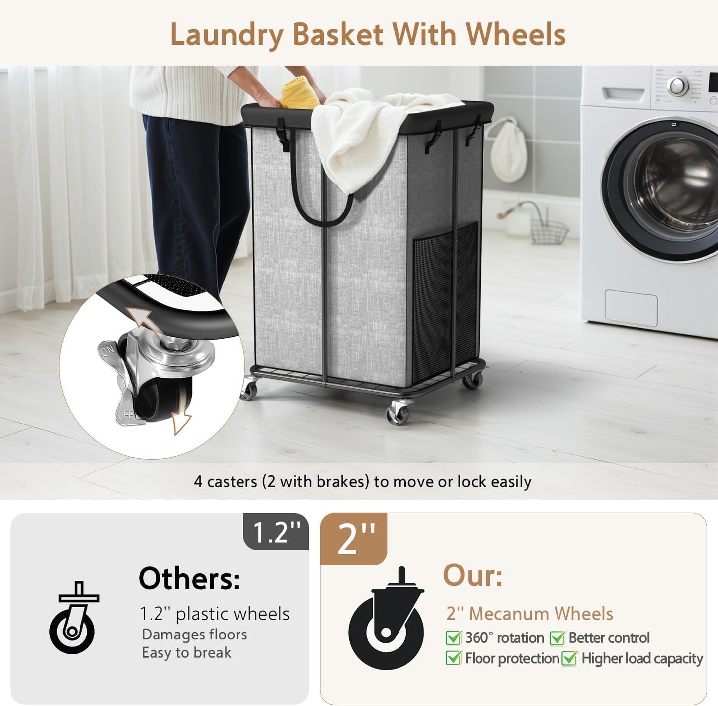 ZATOCL 150L Large Laundry Basket with Wheels, Rolling Laundry Hamper with Removable Laundry Bag & Metal Frame, Oxford