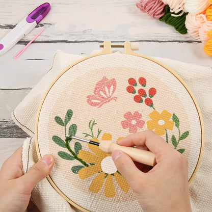 Pllieay 3 Set Punch Needle Embroidery Starter Kits Include Instruction, Punch Needle Fabric with Pattern, Yarns, Embroidery Hoops for Rug-Punch & Pinch Needle