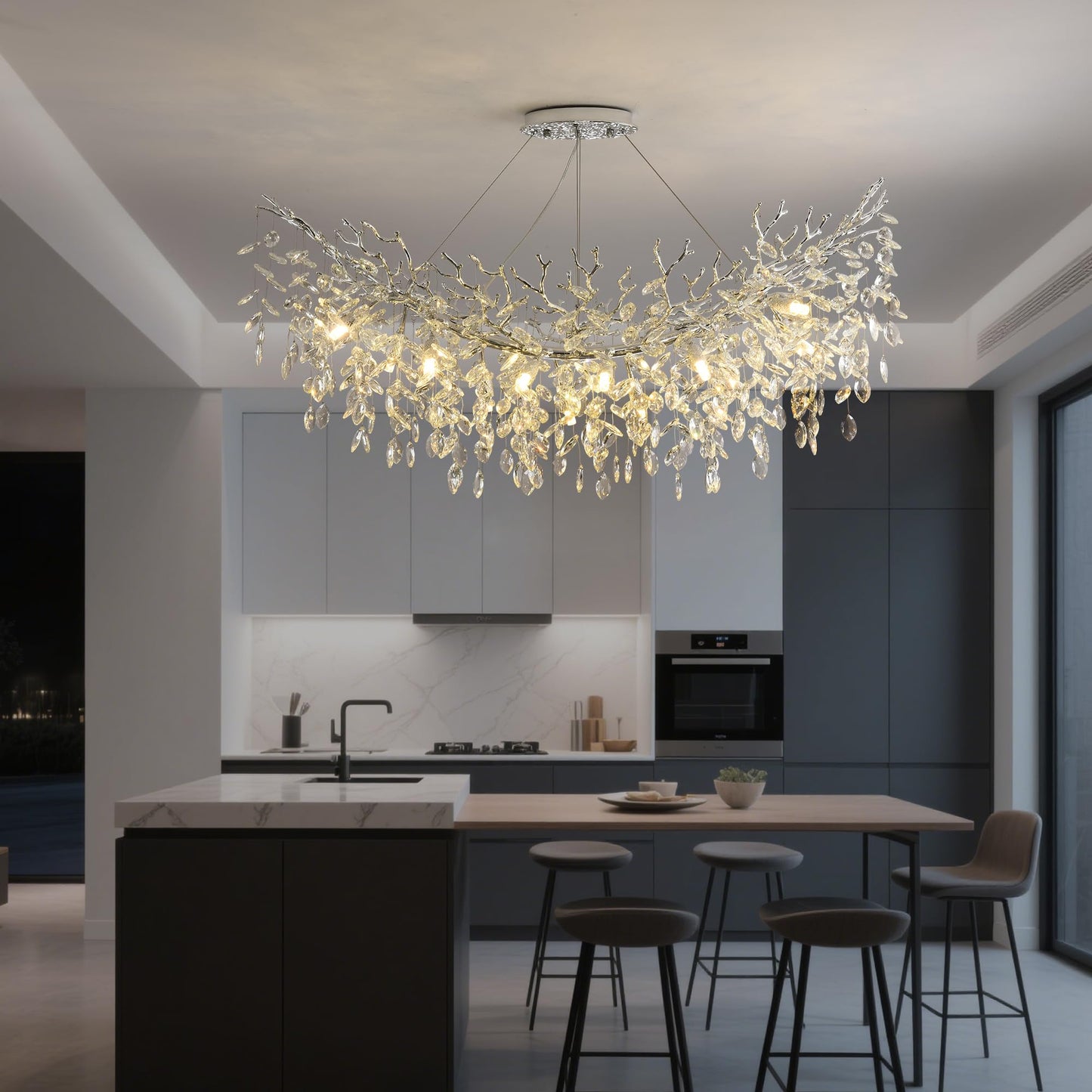 Upfelw Rectangle Crystal Tree Branch Chandelier, L47.3'' Mpdern Luxury Chrome Linear Art Deco Raindrop Pendant Lighting Fixture for Kitchen Island Foyer Living Room Dining Room 14 Lights