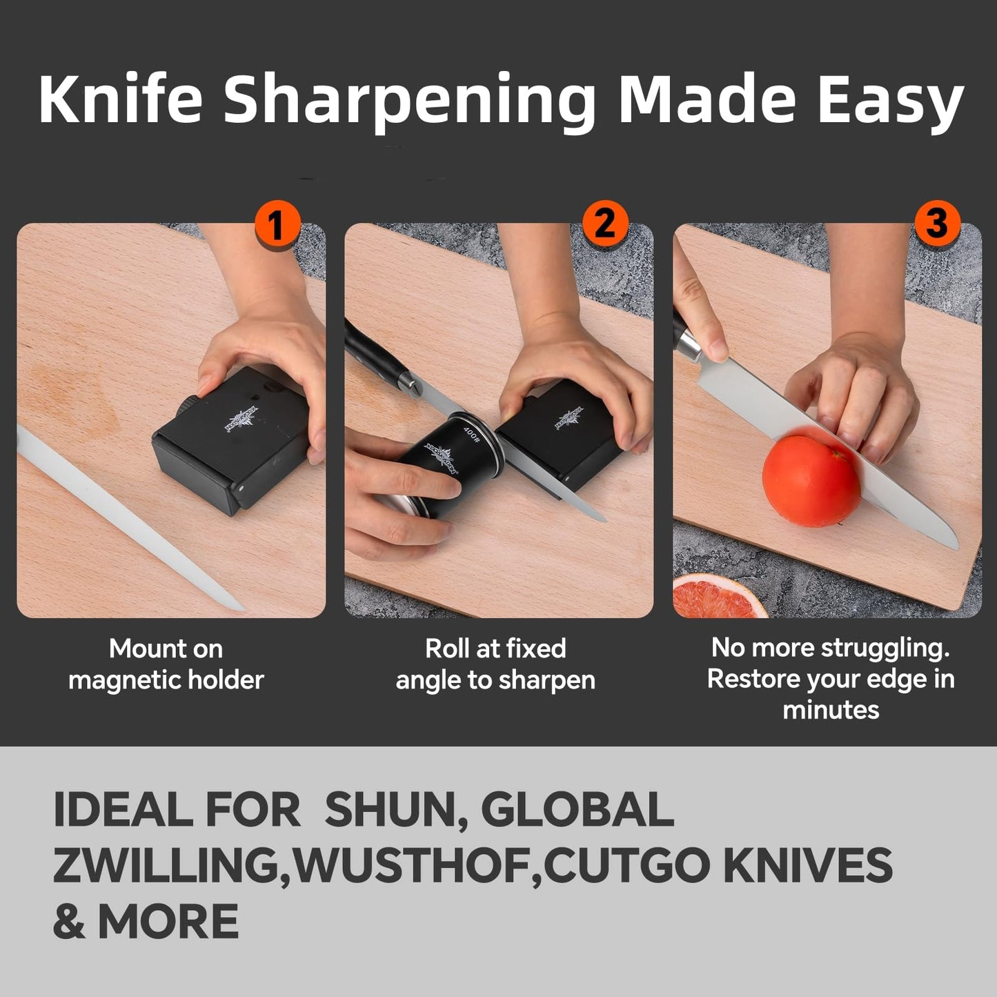 The Innovative Knife Sharpener - Patented Multi-Angle Premium Rolling Knife Sharpener with Extra Replacement Head for Chef's, Fruit, and All Steel Knives (Black)
