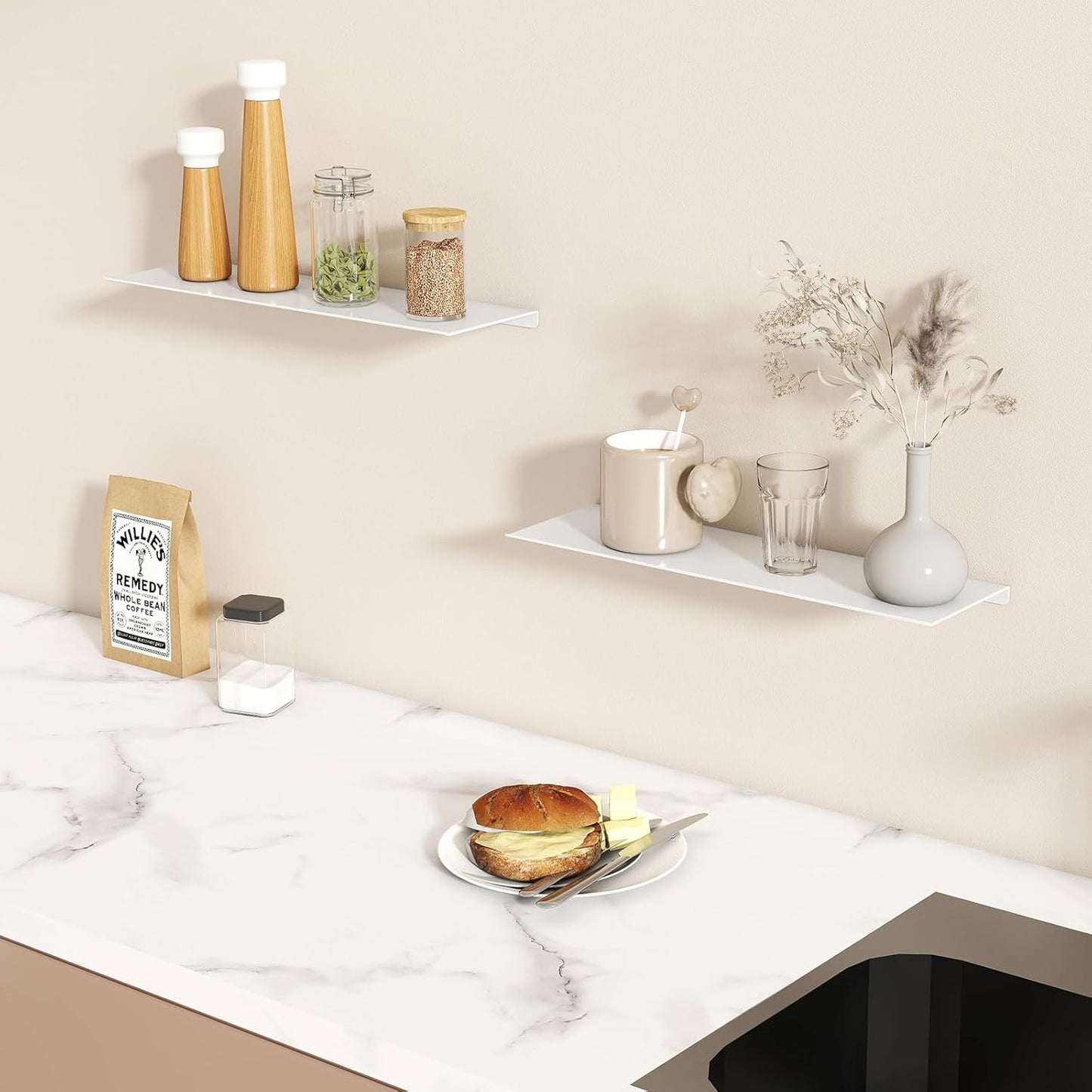 16" 2 Packs, MKO Floating Shelves for Wall, Metal Wall Mounted Shelf for Bathroom, Bedroom, Living Room, Kitchen