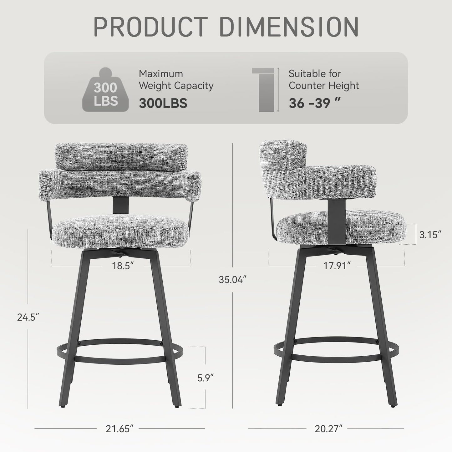 FERFALDER Counter Height Bar Stools with Full Back – Swivel Counter Stools Set of 2 with Linen Padded Back, Metal Footrest, Modern Barstools for Kitchen Counter, Island, Dining Room, Grey 24 inch