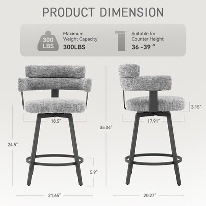 FERFALDER Counter Height Bar Stools with Full Back – Swivel Counter Stools Set of 2 with Linen Padded Back, Metal Footrest, Modern Barstools for Kitchen Counter, Island, Dining Room, Grey 24 inch