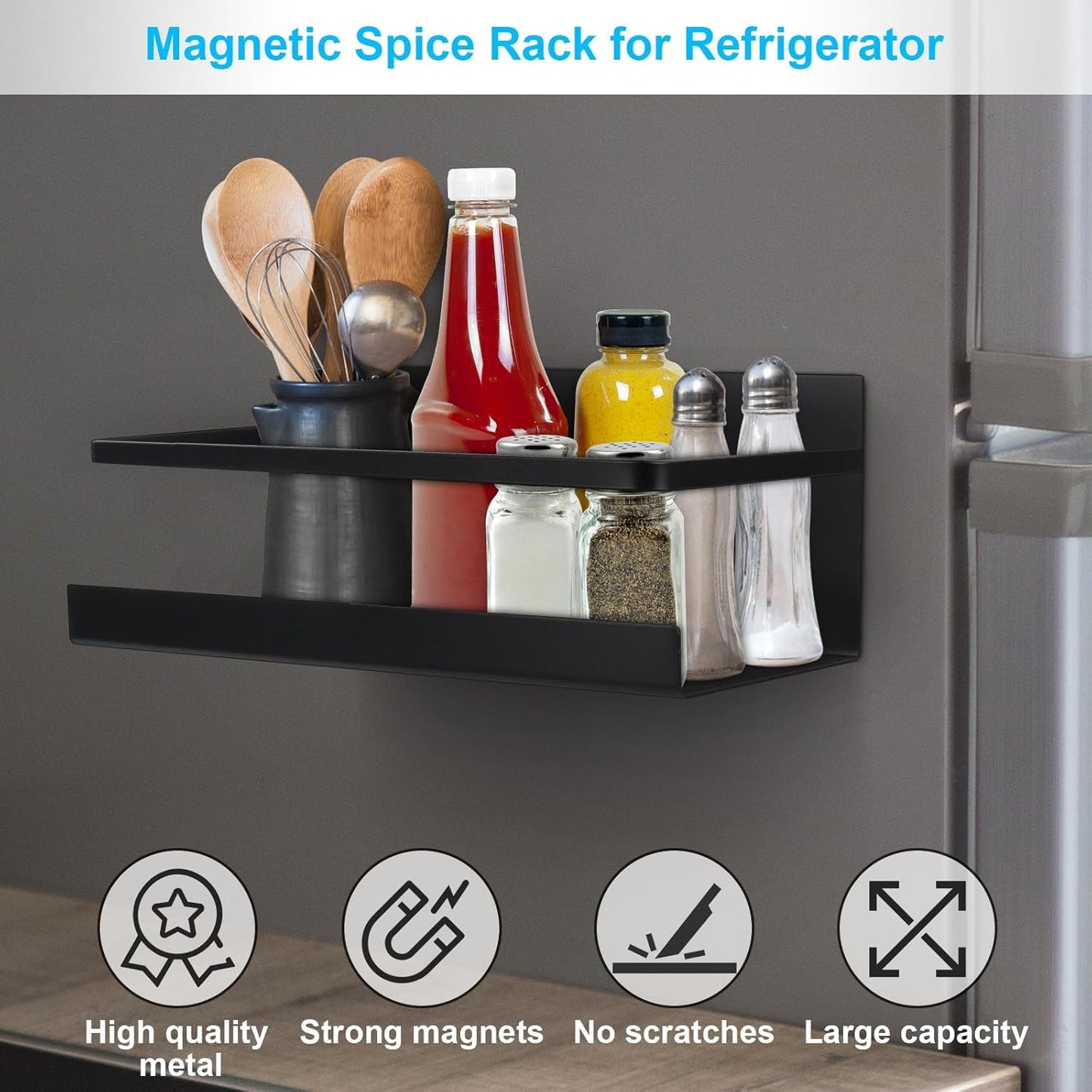 Magnetic Spice Rack Organizer, 2 Pack Magnetic Shelf for Refrigerator with 4 Hooks for Spice Jars Kitchen Storage