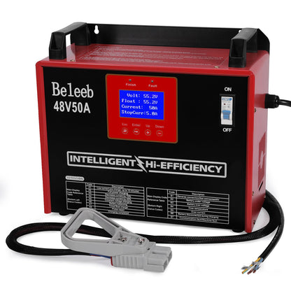 Beleeb 48V 50A Adjustable Battery Charger, Intelligent Charger for Lead-Acid & LiFePO4 Lithium Batteries, 240V AC Hardwired Charger for Forklifts, Golf Carts, Sightseeing Cars, Energy Storage Systems