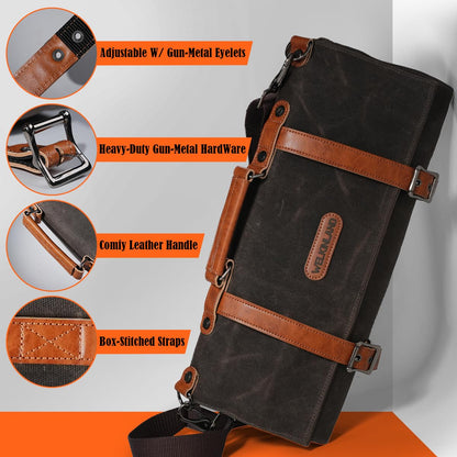 WELKINLAND 13-Pocket Knife Roll, Waxed-Canvas Leather Knife Roll Bag, Heavy-Duty Chef Knife Roll Bag, WaterProof Knife Wrap Roll, Portable Chef Knife Roll Up, Chef Knife Bags And Rolls