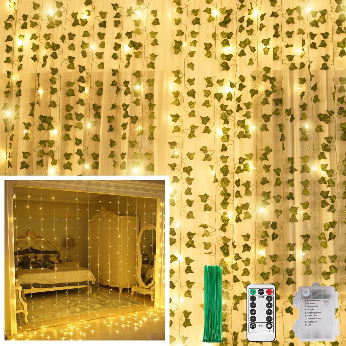 12 Pack 240 KASZOO Artificial Ivy Leaf Plants with LED Window Curtain String Lights, Fake Plants Vine Hanging Garland