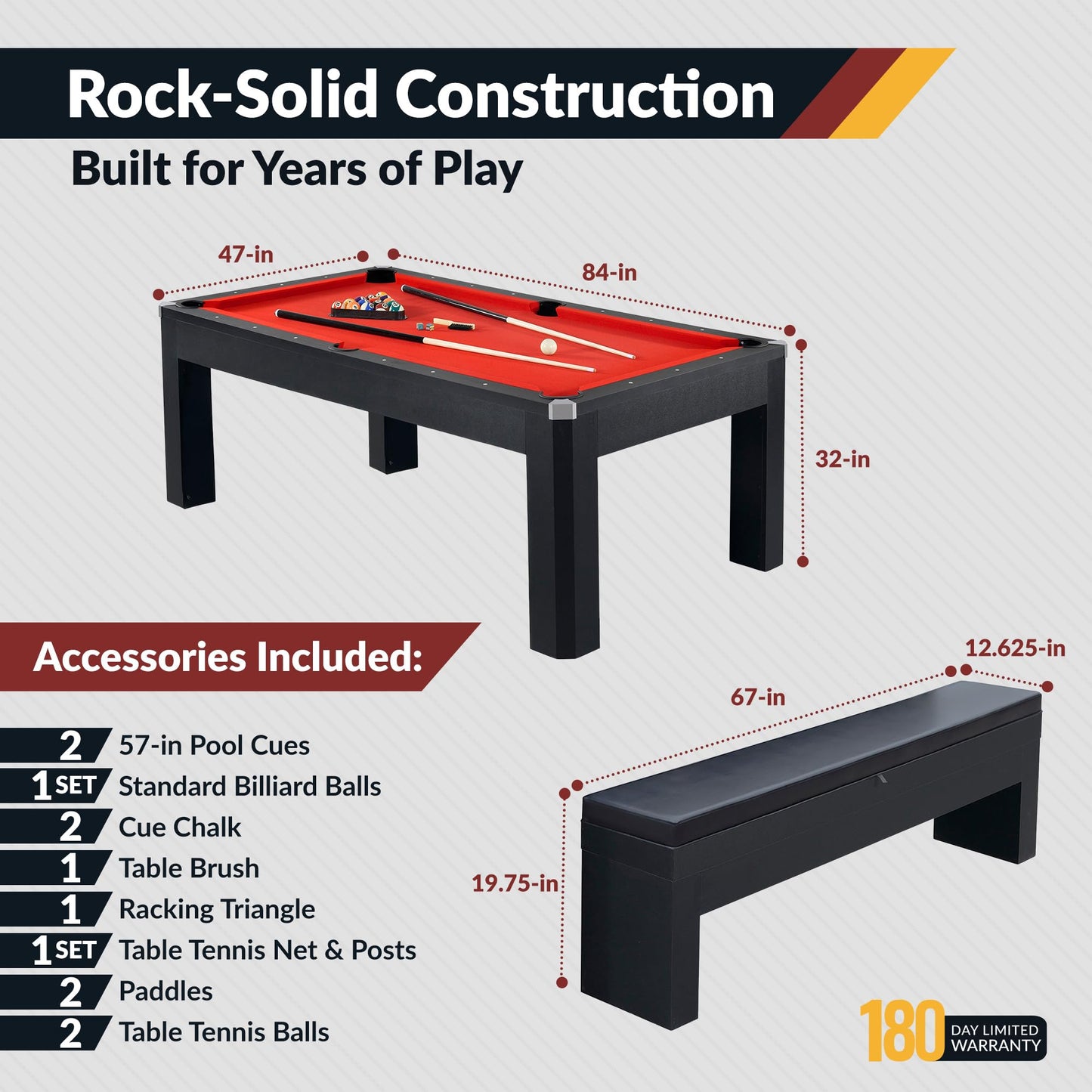 Hathaway Park Avenue 7 Ft Pool Table Combo Set with Benches and Complete Game Accessories - Billiard Table with Ping Pong and Dining Top - Engineered Wood Frame, Black Finish, Red Felt