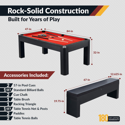 Hathaway Park Avenue 7 Ft Pool Table Combo Set with Benches and Complete Game Accessories - Billiard Table with Ping Pong and Dining Top - Engineered Wood Frame, Black Finish, Red Felt