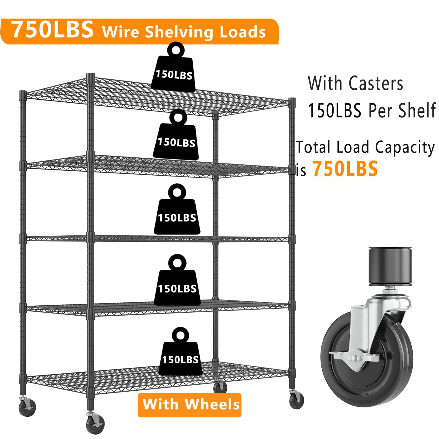 Himimi Storage Shelves 60"W Wire Shelving with Wheels 3250LBS Heavy Duty Metal Shelves for Storage, 5-Tier Adjustable Wire Rack Shelving Garage Shelving Kitchen Storage Shelves 24"Dx60"Wx82"H, Black