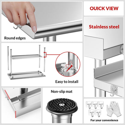 Atelicf All-Stainless Steel Prep Table, 24 x 48 Inch, with Rounded-Corner Backsplash, Casters and Adjustable Undershelf, Heavy-Duty Build for Outdoor Use, Restaurants, Kitchens, Gardens, and Garages
