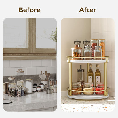 YATINEY Lazy Susan Organizer, Rotating Spice Rack, 2 Tier Spice Turntable Organizer, Industrial Turntable Spice Holder, for Kitchen Countertop and Cabinet, Compact and Versatile, White and Gold SR22DW