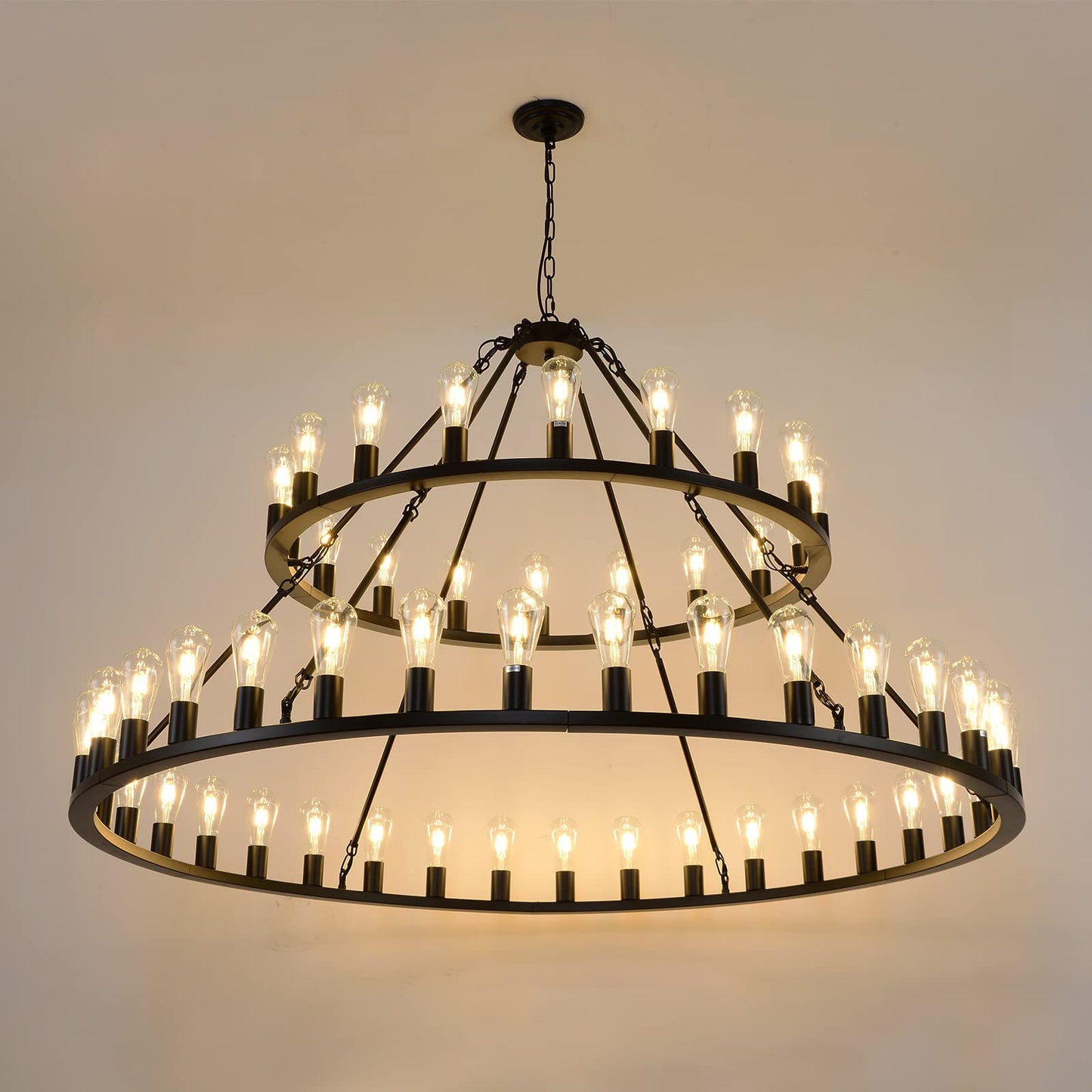 WOGON WEEL Wagon Wheel Chandelier 2 Tier 54-Light 60-inch, Farmhouse Industrial Chandelier Black Rustic Pendant Light Fixture Extra Large for High Ceilings, Living Room Foyer