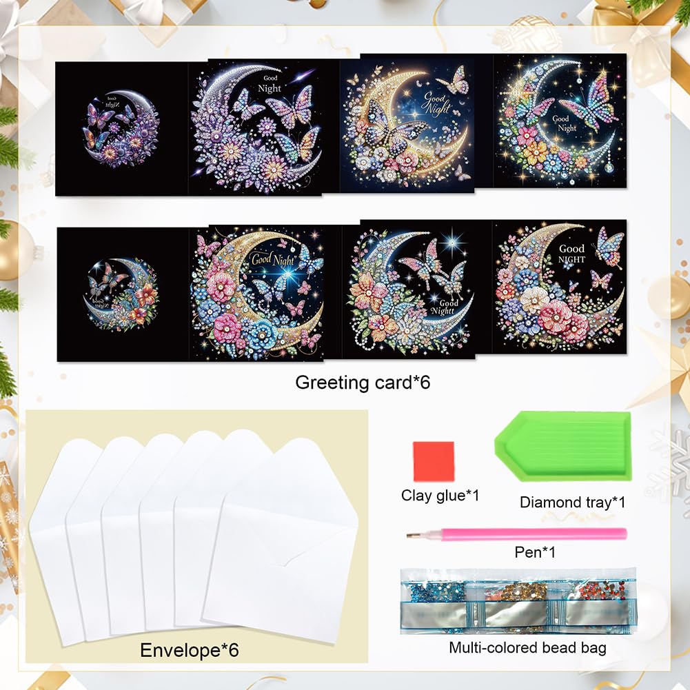 6 Pack 5D DIY Diamond Painting Moon Butterfly Greeting Card Kit, Diamond Art Christmas Birthday Holiday Greeting Card, Art Crafts Kit Creative Gift with Envelope