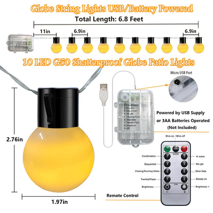 Globe String Lights Indoor Battery Operated & USB Powered, 6.8Ft 10 LED Edison Bulb String Lights with Timer, Outdoor Patio Light String for Marquee Letters Numbers Patio Backyard Camping Party Decor