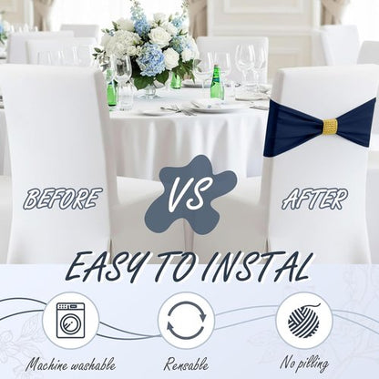 Hahafelt Spandex Chair Sashes with Rhinestone Buckle - 100 Pcs Navy Blue Bowknot Ties for Events