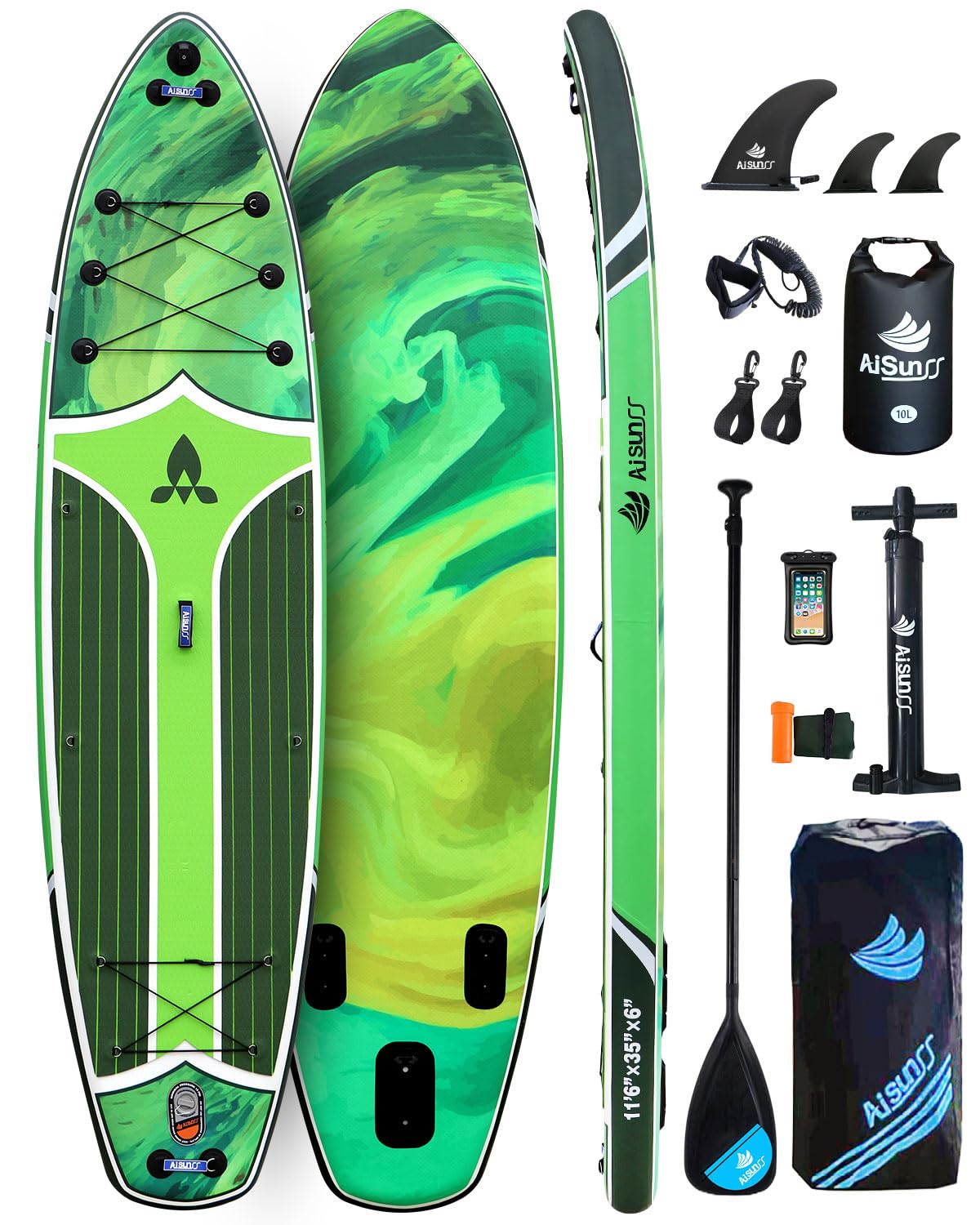 AISUNSS 11'6''x35'' Super Wide Inflatable Paddle Board, 450lb Capacity Premium Stable SUP Board for 2+1 People/Family w/100L Backpack, Dual-Action Pump, Safety Leash (Green Oil Painting)