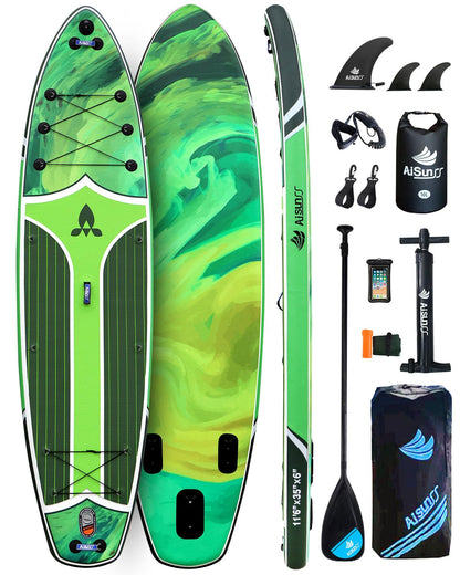 AISUNSS 11'6''x35'' Super Wide Inflatable Paddle Board, 450lb Capacity Premium Stable SUP Board for 2+1 People/Family w/100L Backpack, Dual-Action Pump, Safety Leash (Green Oil Painting)