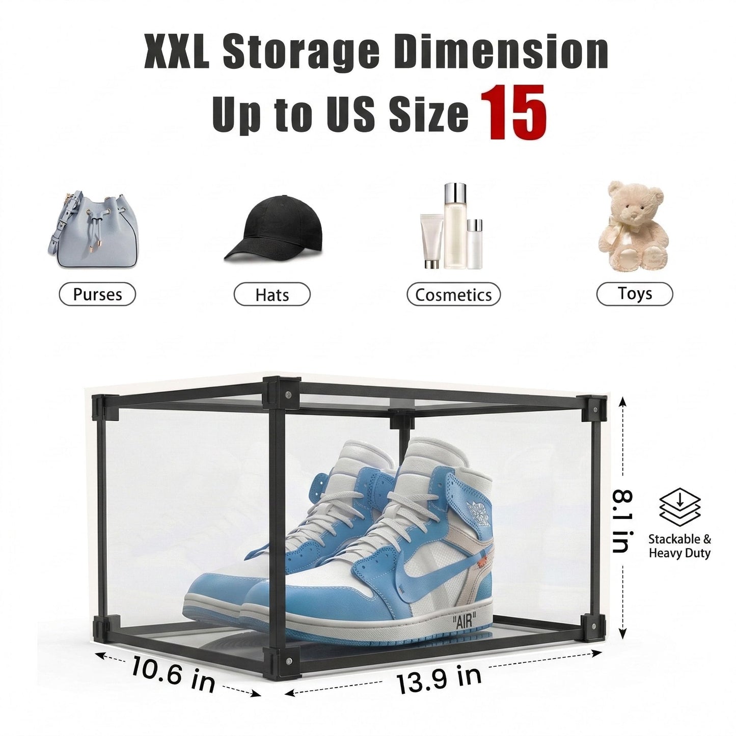KOKOIN Transparent Plastic Storage Clear Shoe Display Case Box Organizer - Magnetic Side Open, 16PC (Black)