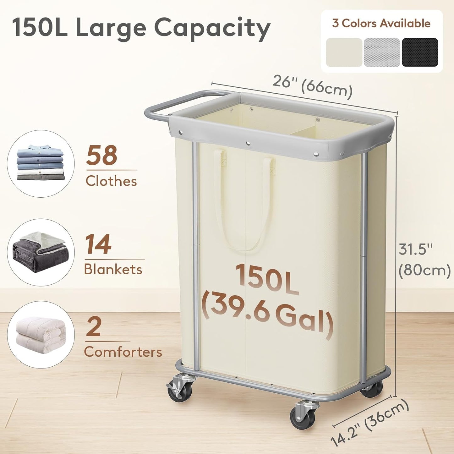 150L 2 Lifewit Large Laundry Basket with Wheels, Tall Section Laundry Hamper Organizer, Rolling Laundry Cart with Steel