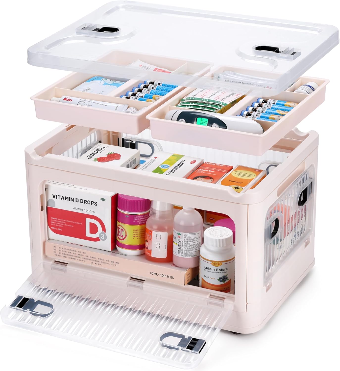 24 QT Medicine Organizer Storage Box with Removable Tray, Extra Large Collapsible First Aid Box Empty, Clear Medicine
