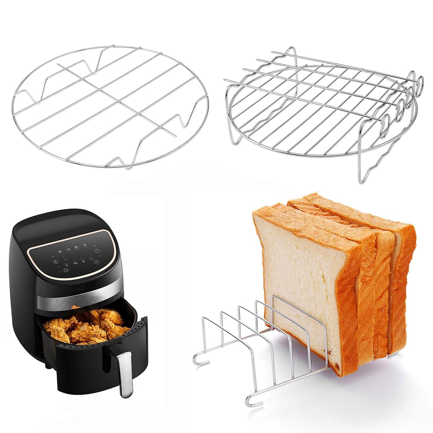 Air Fryer Racks Set 3Pcs, Stainless Steel Layer Racks Air Fryer Accessories, Multipurpose Double Layer Racks with Skewer Round Cooking Rack Toast Racks, Fits Most 2.5QT or Above Air Fryer