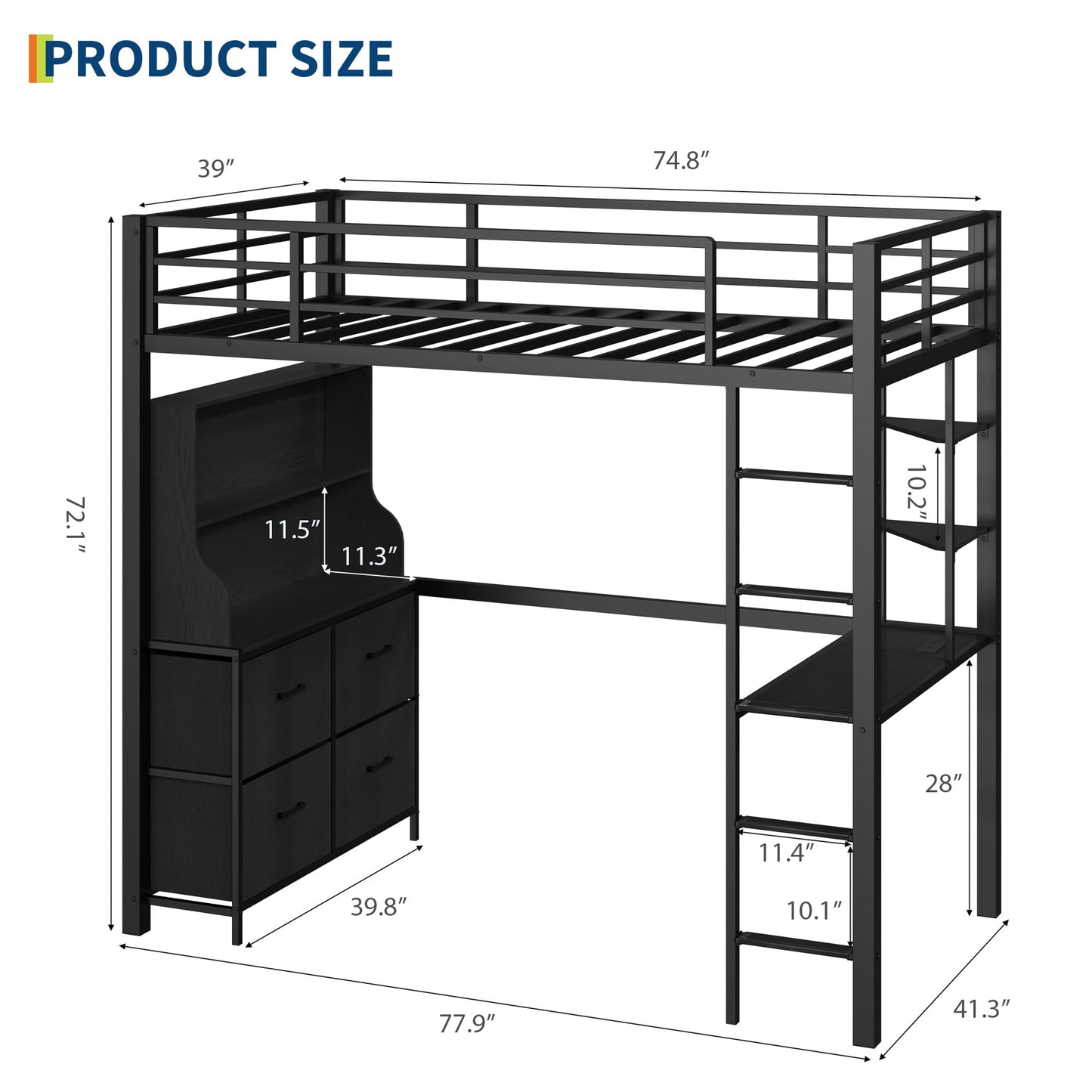 GarveeHome Loft Bed Twin Size with Desk, 4 Large Fabric Drawers and 2 Storage Shelves, Heavy Duty Metal Loft Bed with LED Lights & Charging Sation, Safety Guard & Ladder, No Box Spring Needed, Black