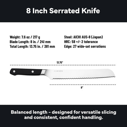 Misen Serrated Bread Knife - High-Carbon Japanese AUS8 Steel - Perfect for Soft Foods, Bread, Pastries, and Fruits - Verstatile Slicer, Razor-Sharp Edge, Durable Blade, Ergonomic Handle - 8", Black