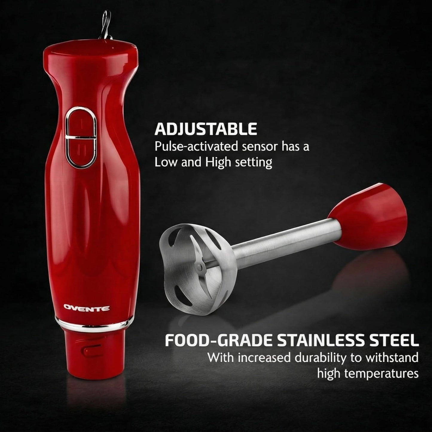 OVENTE Immersion Hand Blender, 300W Electric Handheld Stick Mixer with 2 Mixing Speeds and Stainless Steel Blades for Smoothies, Purees & Baby Food, Red HS560R