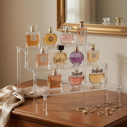 WEERSHUN 3 Tier Acrylic Display Stand Risers, Clear Tabletop Display Shelf for Perfume, Figures & Collectibles, Thick Acrylic Organizer for Cupcake, Cosmetics & Home Decoration