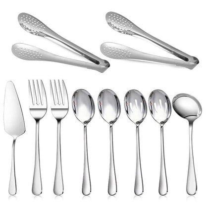 Dualshine 10PCS 18/8 Stainless Steel Serving Utensils Set for Parties, Kitchen Serving Tools-Include Serving Spoons, Slotted Spoons, Serving Forks Tongs Soup Ladle, Cake Pie Server for Buffet, Wedding