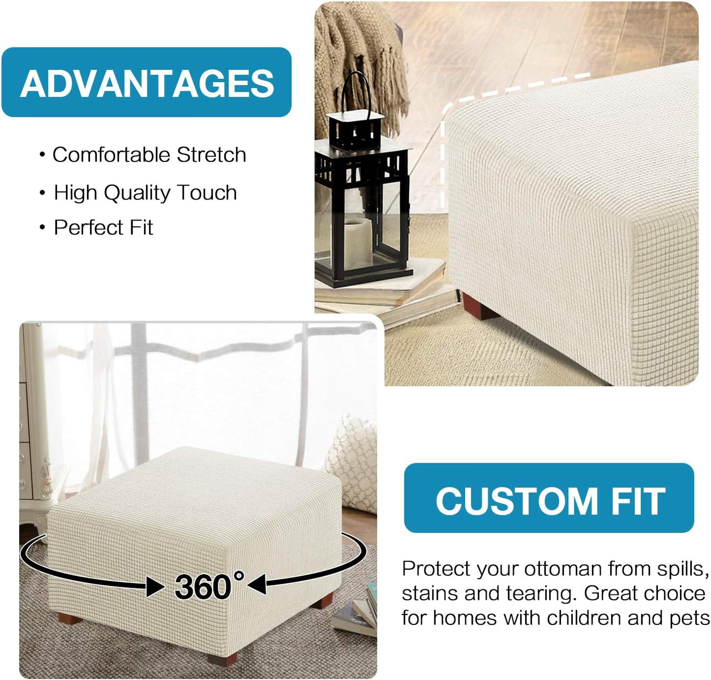 Flamingo P Stretch Ottoman Cover - Square Ottoman Slipcover Furniture Protector - Biscotti Beige