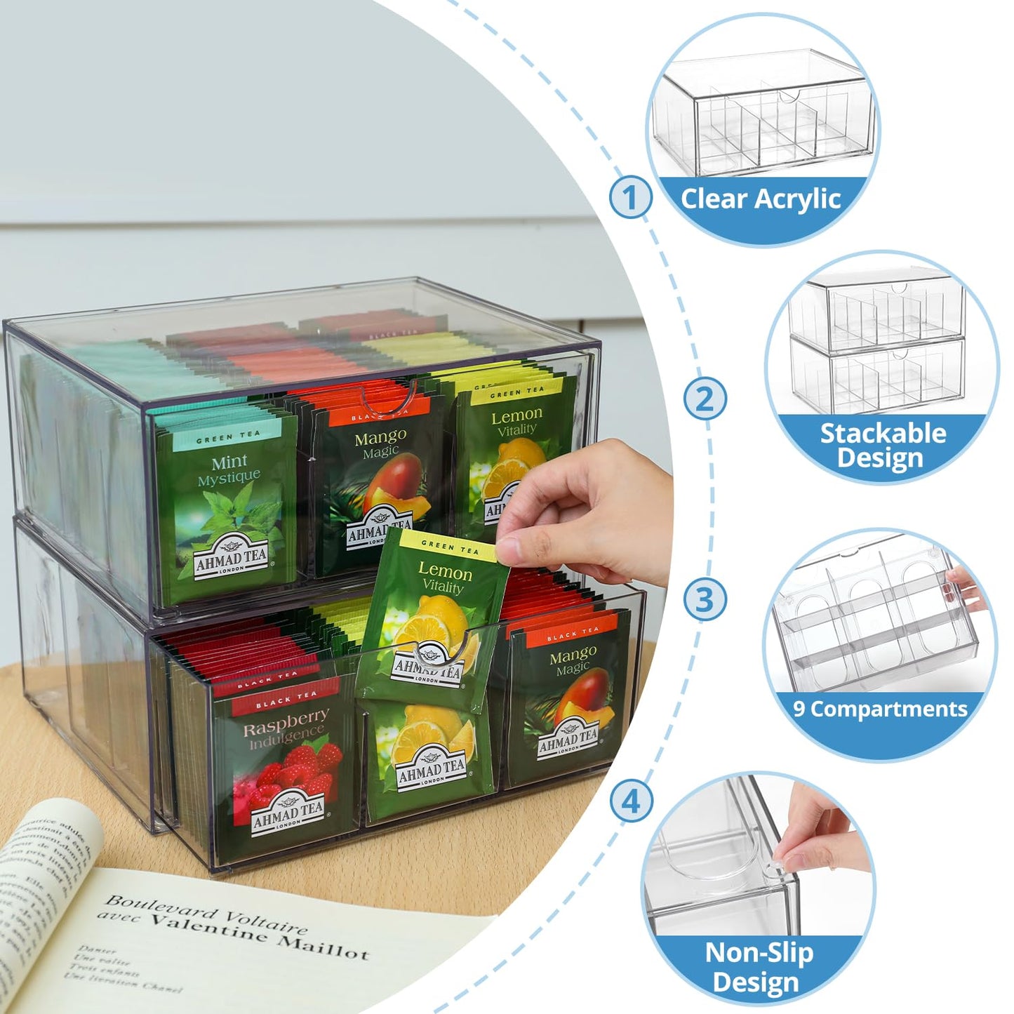CLUQMEIK 2 Large Acrylic Tea Bag Organizer, 9 Grids Tea Organizers and Storage with Acrylic Drawers Stackable, Teabag Holder Organizer for Counter Countertop Kitchen Cabinet