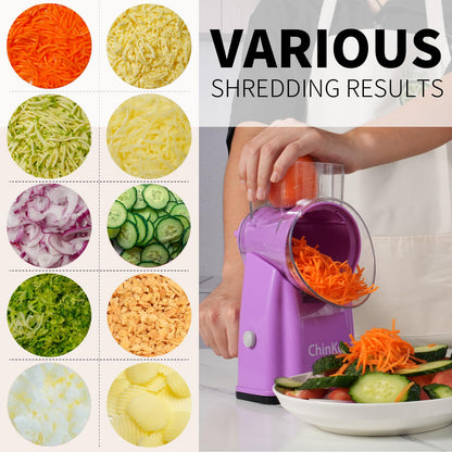 ChinKc Upgrade Rotary Cheese Grater Shredder with Handle, Strong Suction Base, Multi-purpose Rotary Grater Slicer with 5 Interchangeable Blades for Ice, Vegetables, Fruit, Nuts with Blade Storage Box