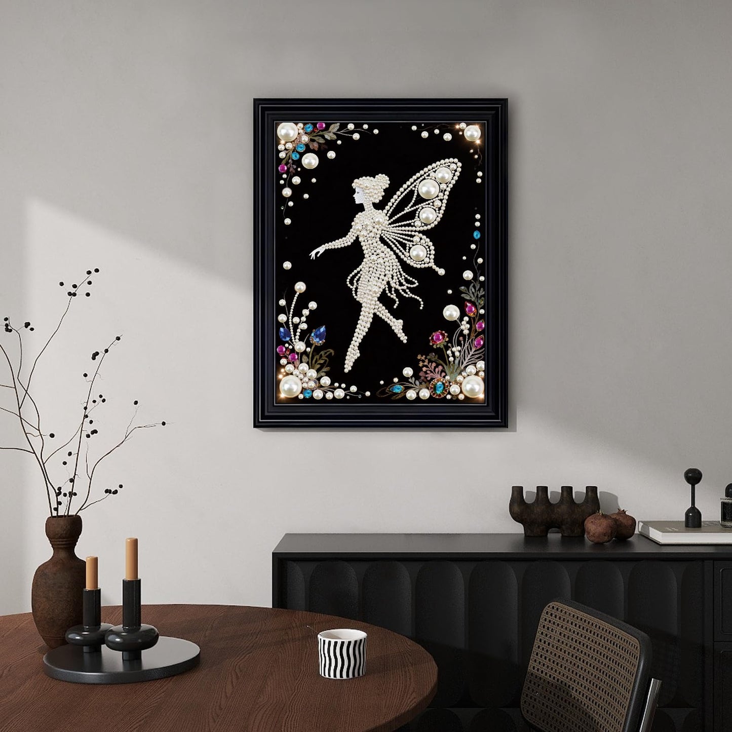Focart DIY Pearl Diamond Painting Black and White Art Kits, Butterfly Fairy Pattern Round Half Pearls Rhinestones Diamond Dots Paintings Arts Craft Gift Home Decor for Beginners 15.74x11.8in