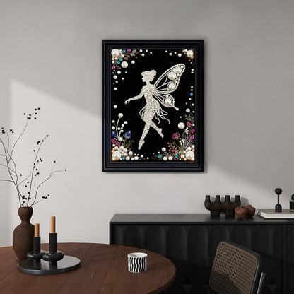 Focart DIY Pearl Diamond Painting Black and White Art Kits, Butterfly Fairy Pattern Round Half Pearls Rhinestones Diamond Dots Paintings Arts Craft Gift Home Decor for Beginners 15.74x11.8in