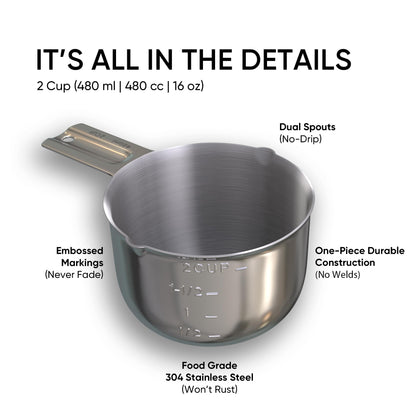 Color Up Measuring Cup Set, Stainless Steel 1 Cup (240ml) & 2 Cup (480ml) Scoops with Engraved Markings, Dual Pour Spouts, Flat Base, Dishwasher Safe for Dry and Liquid Ingredients