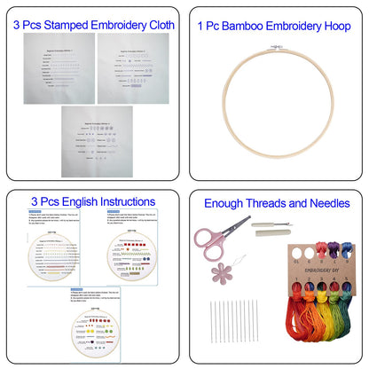 Bonroy Beginners Embroidery Practice kit 3 Sets to Learn 30 Different Stitches for Craft Lover Hand Stitch with Embroidery Fabric with Skill Techniques