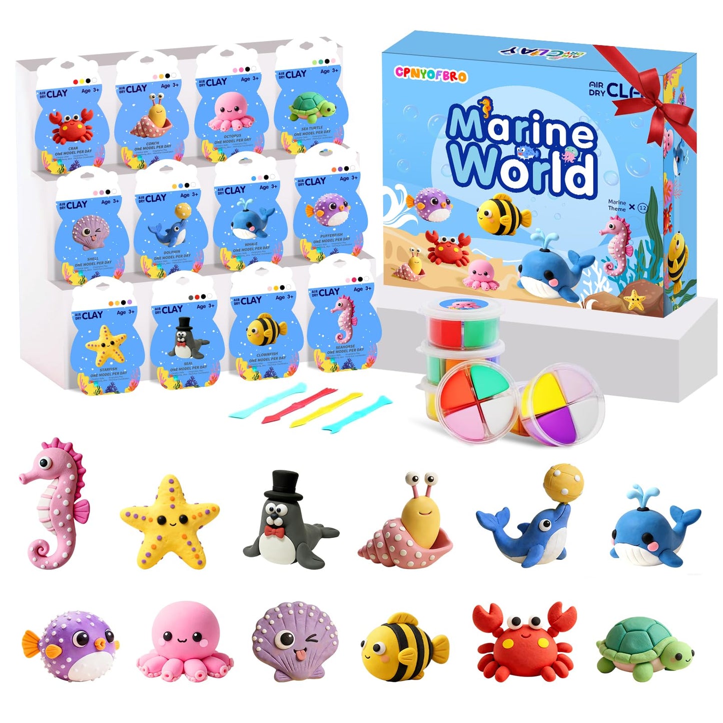 Air Dry Clay Kit - 12 Marine Animal Modeling Clay for Kids, Complete DIY Clay Craft Set with Sculpting Tools & Step-by-Step Tutorials, Ultra Soft & Non-Sticky Clay, Children's Day Gift Ideas