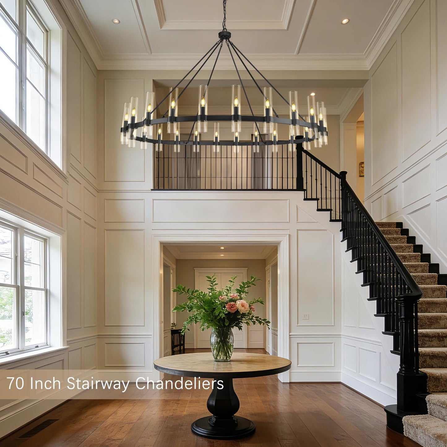 Black Wagon Wheel Chandelier 70 Inch, Large Chandeliers for High Ceilings, 24-Light Chandelier with Glass Shade, Modern Farmhouse Chandeliers for Living Room, Dining Room and Foyer(24 Bulbs Included)