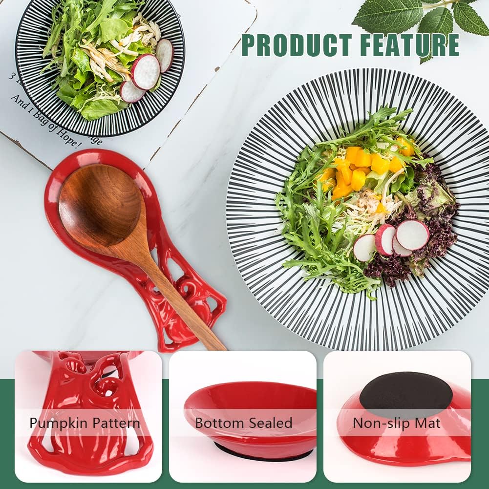 Sturdy Cast Iron Spoon Rest Holder for Stove Top, Unbreakable Kitchen Countertop Ladle Holder, Pumpkin Red