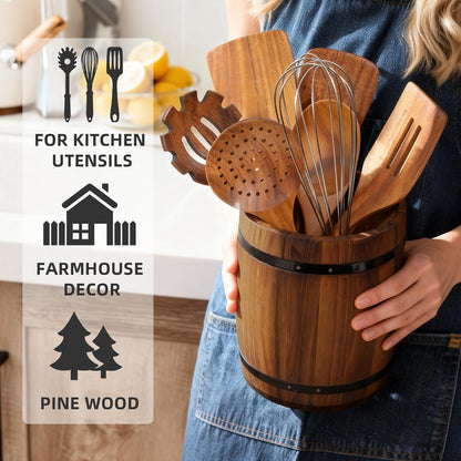 KewinSent Wooden Utensil Holder, Brown, Barrel Shape, Holds Spoons and Scoops, Wine Barrel Design, Painted, Smooth Surface, Sturdy Construction
