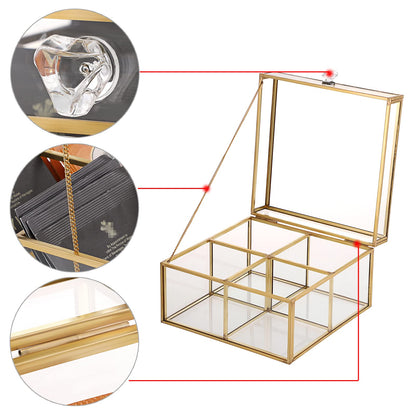 ELLDOO Gold Glass Tea Bags Box with Lid, Trinket Jewelry Box Countertop Storage for Sugar Packets Makeup Sponges Jewelry, 4 Grids, Glass Box Only