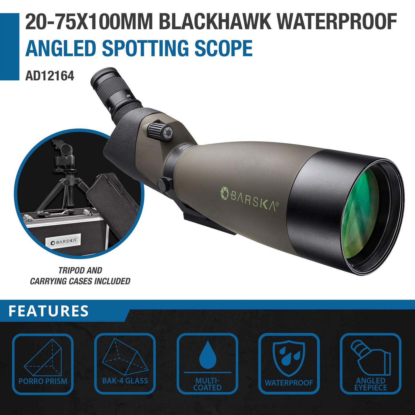 Barska Blackhawk 25-75x100 Angled Spotting Scope – Waterproof, Fogproof, Green Lens, Tripod Included – for Bird Watching, Hunting, Target Shooting, Travel & Outdoor Sports