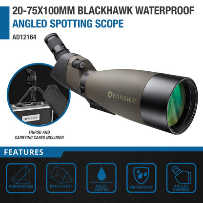 Barska Blackhawk 25-75x100 Angled Spotting Scope – Waterproof, Fogproof, Green Lens, Tripod Included – for Bird Watching, Hunting, Target Shooting, Travel & Outdoor Sports